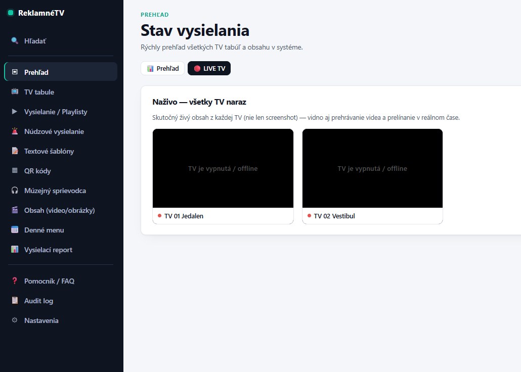 Náhľad systému ReklamnéTV – prehľad vysielania na digitálnych TV obrazovkách